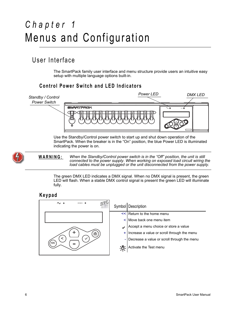 Chapter 1, Menus and configuration, User interface | Control power switch and led indicators, Keypad, C h a p t e r 1, Control power switch and led indicators keypad | ETC SmartPack v2.1.0 User Manual | Page 10 / 36