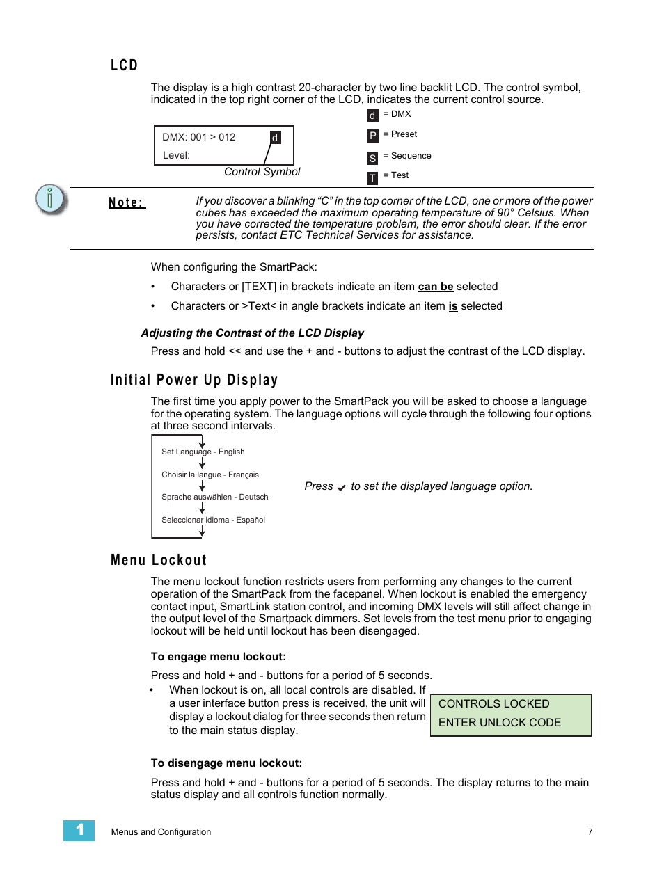 Adjusting the contrast of the lcd display, Initial power up display, Menu lockout | Lcd initial power up display menu lockout, N o t e | ETC SmartPack v2.1.0 User Manual | Page 11 / 36