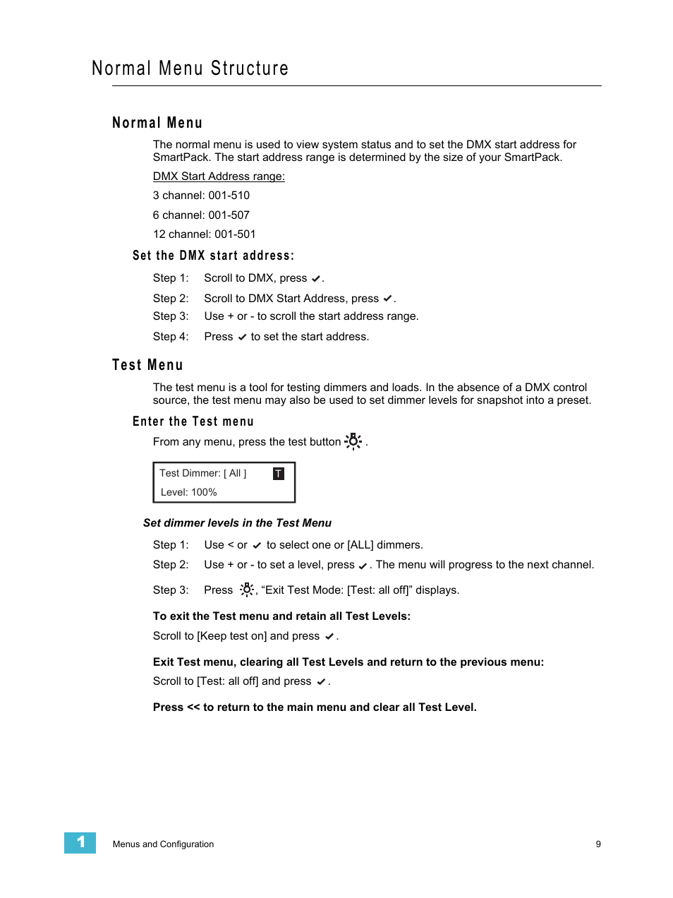 Normal menu structure, Normal menu, Set the dmx start address | Test menu, Enter the test menu, Set dimmer levels in the test menu, Normal menu test menu | ETC SmartPack v2.1.0 User Manual | Page 13 / 36