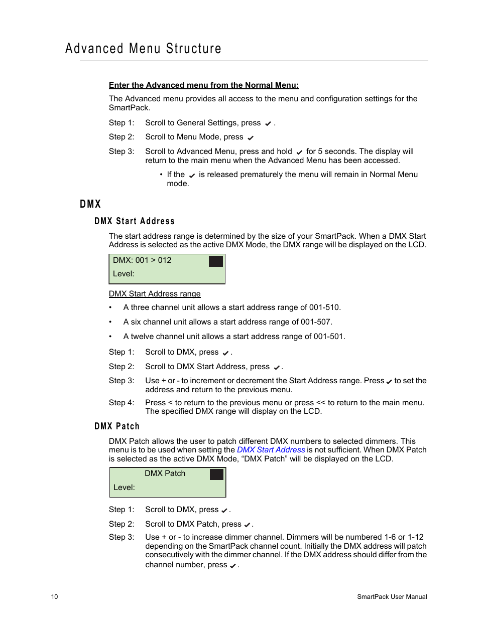 Advanced menu structure, Dmx start address, Dmx patch | ETC SmartPack v2.1.0 User Manual | Page 14 / 36