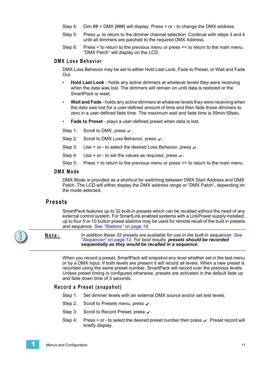 Dmx loss behavior, Dmx mode, Presets | Record a preset (snapshot), N o t e | ETC SmartPack v2.1.0 User Manual | Page 15 / 36