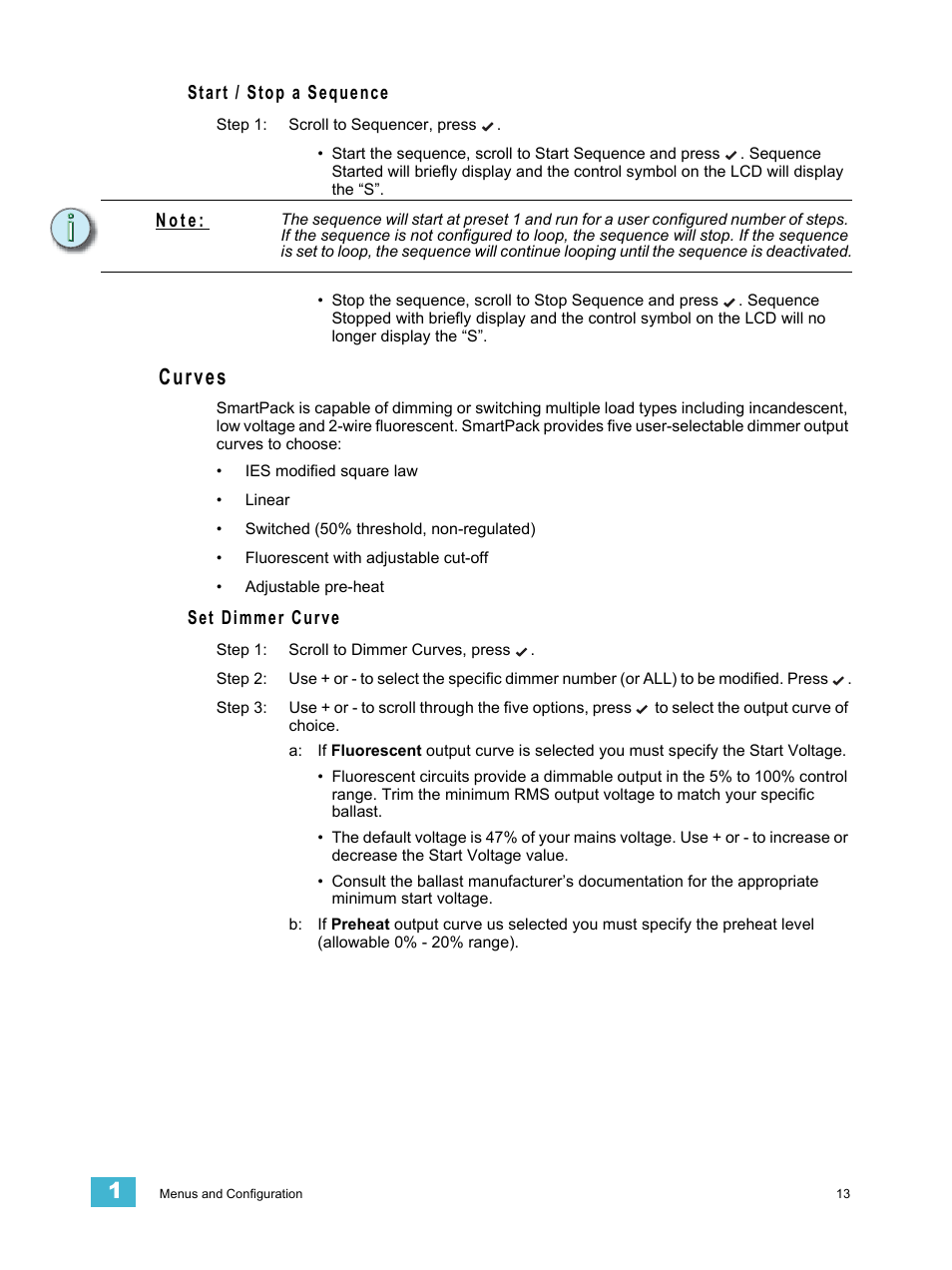 Start / stop a sequence, Curves, Set dimmer curve | N o t e | ETC SmartPack v2.1.0 User Manual | Page 17 / 36