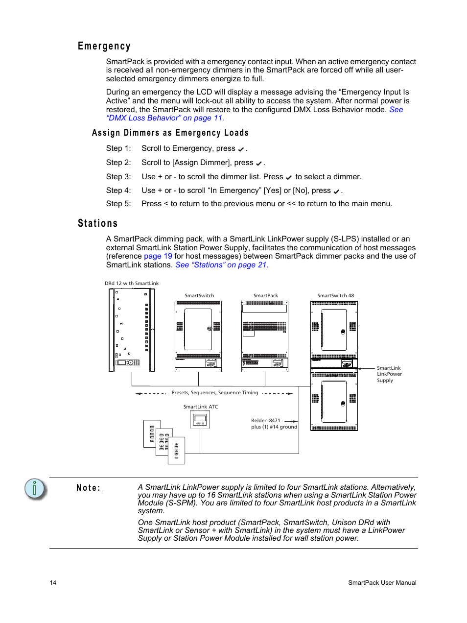 Emergency, Assign dimmers as emergency loads, Stations | Emergency stations, N o t e | ETC SmartPack v2.1.0 User Manual | Page 18 / 36