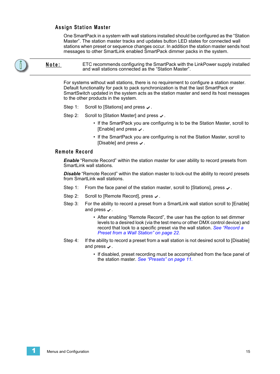 Assign station master, Remote record, N o t e | ETC SmartPack v2.1.0 User Manual | Page 19 / 36