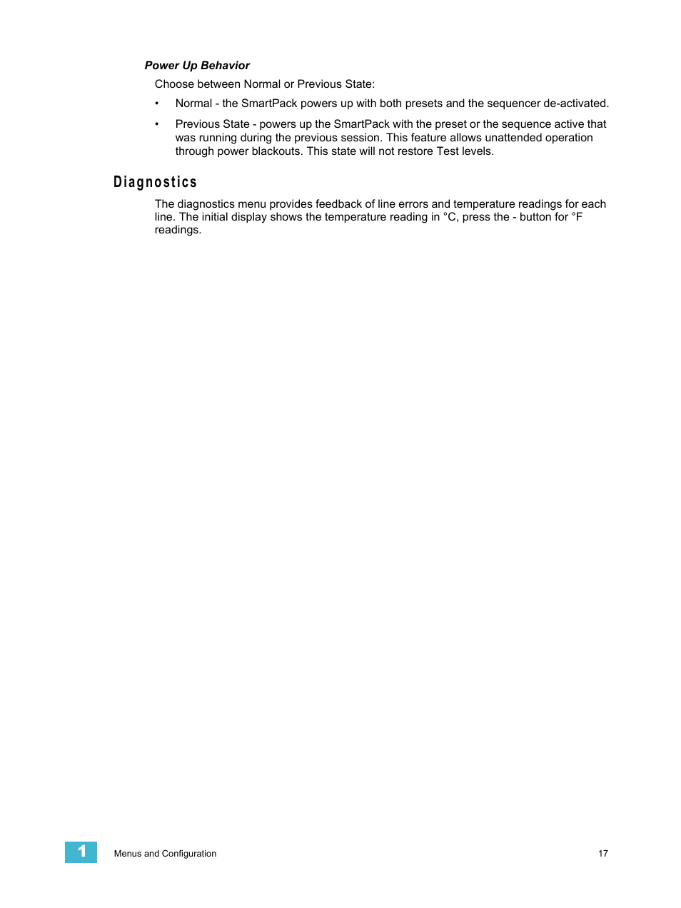 Power up behavior, Diagnostics | ETC SmartPack v2.1.0 User Manual | Page 21 / 36