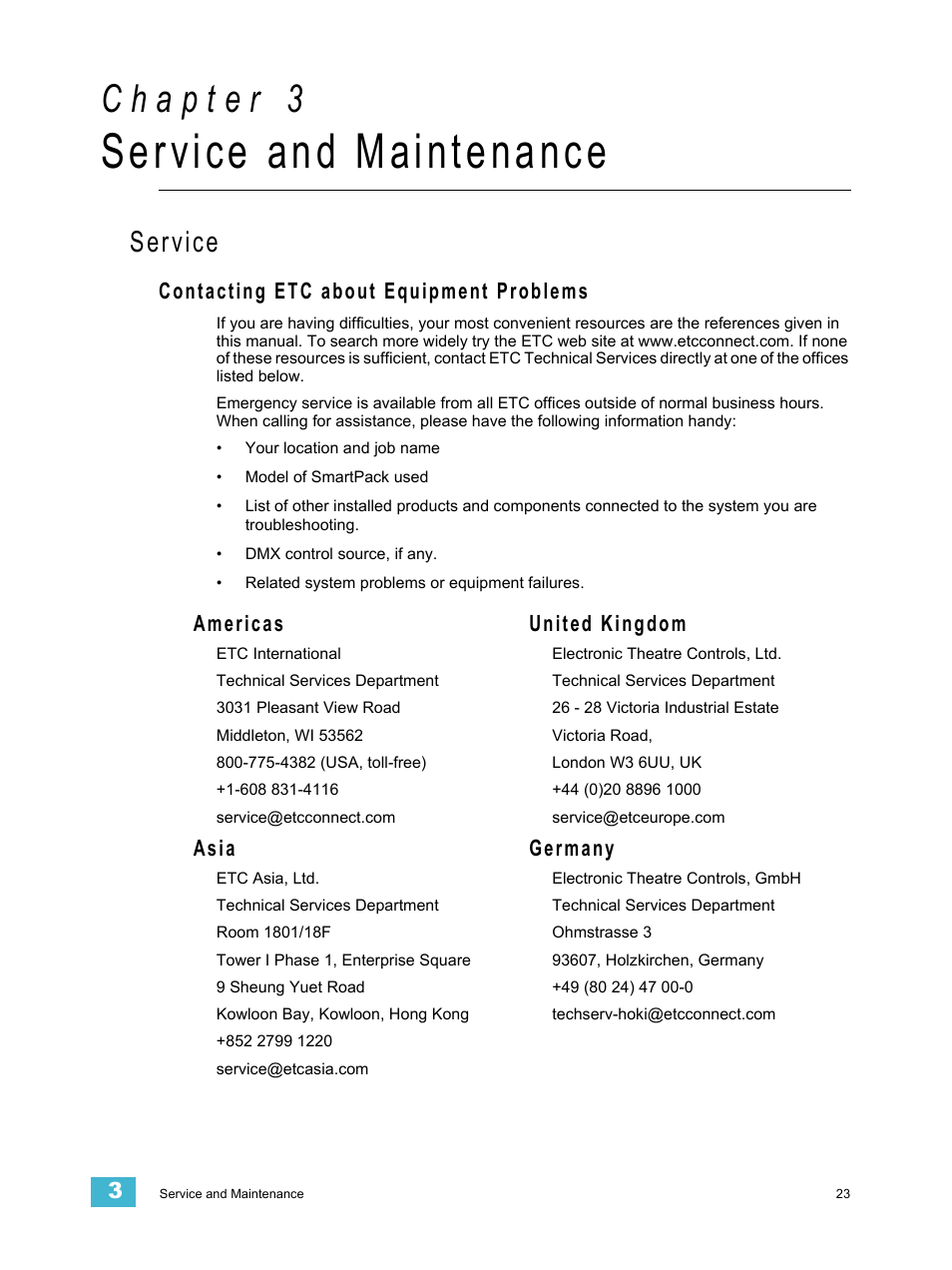 Chapter 3, Service and maintenance, Service | Contacting etc about equipment problems, C h a p t e r 3, Americas, United kingdom, Asia, Germany | ETC SmartPack v2.1.0 User Manual | Page 27 / 36