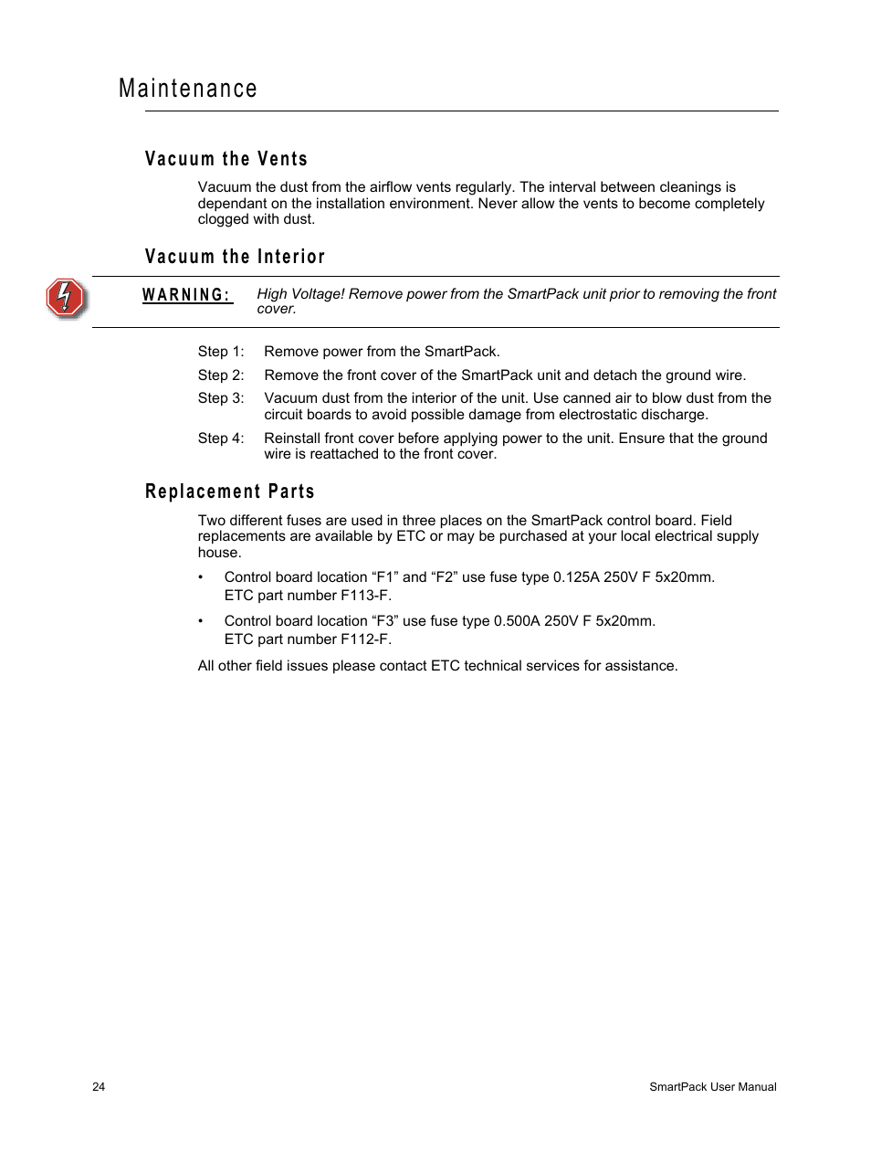 Maintenance, Vacuum the vents, Vacuum the interior | Replacement parts | ETC SmartPack v2.1.0 User Manual | Page 28 / 36