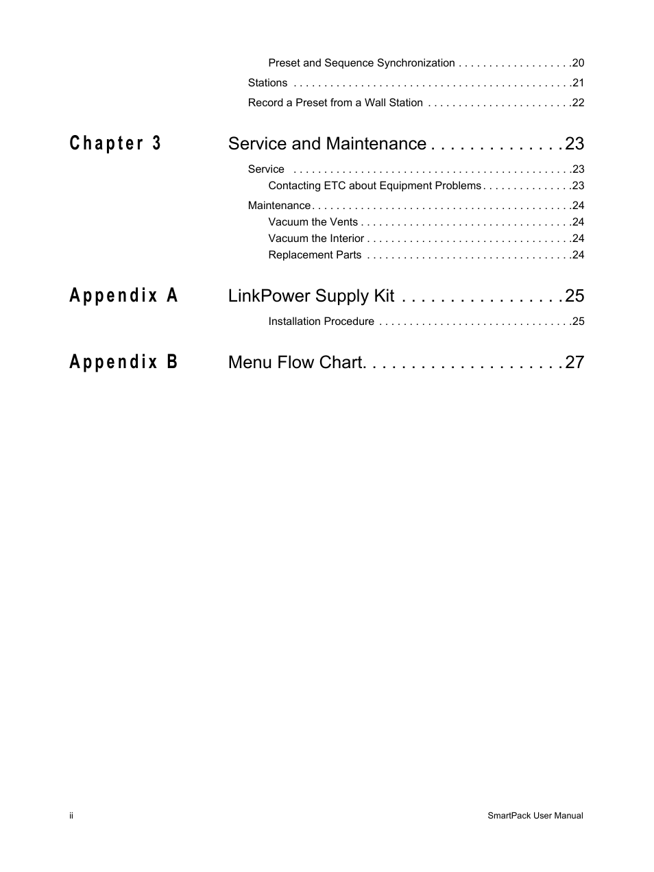 Service and maintenance, Linkpower supply kit, Menu flow chart | ETC SmartPack v2.1.0 User Manual | Page 4 / 36