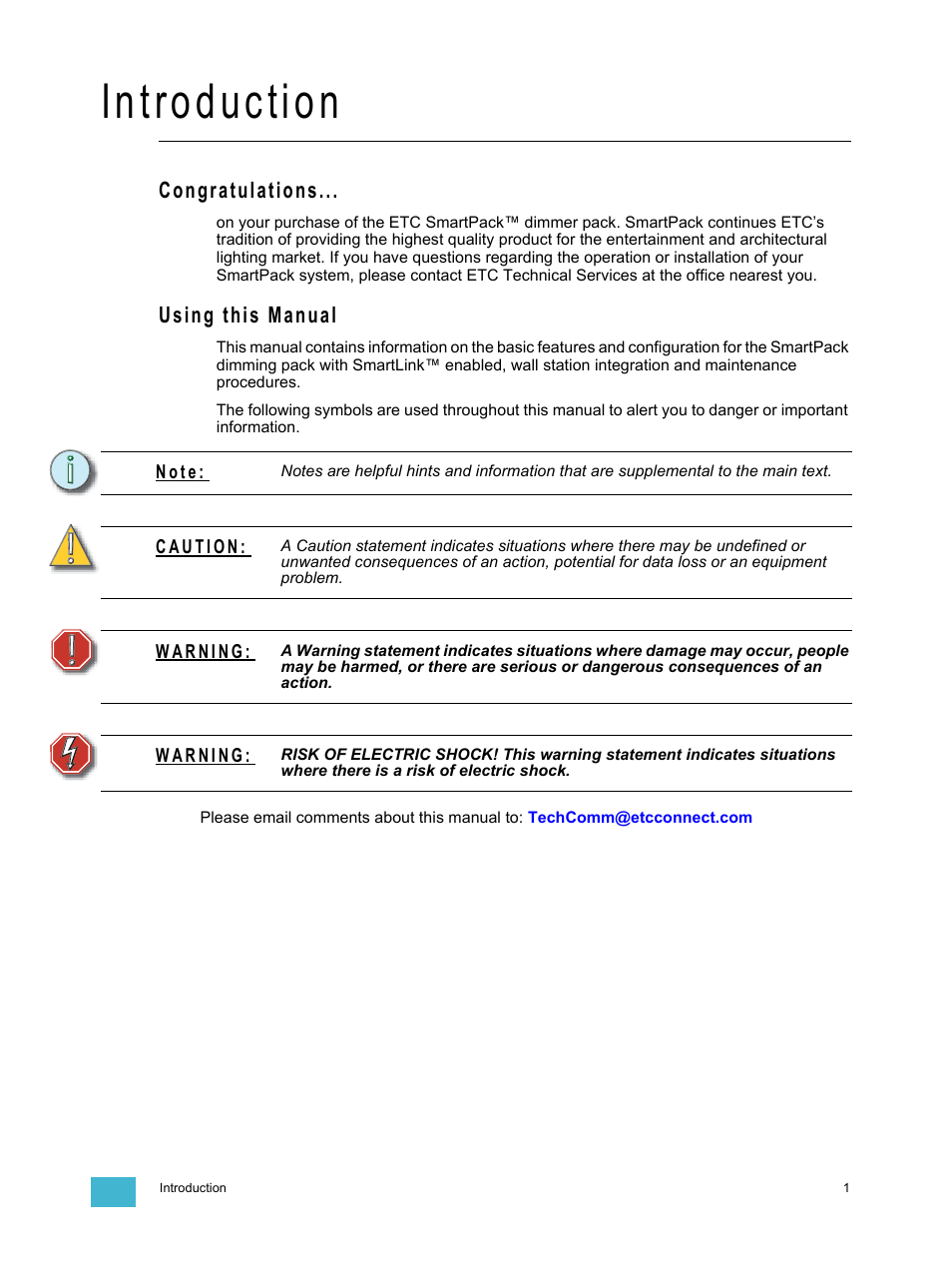 Introduction, Congratulations, Using this manual | Congratulations using this manual | ETC SmartPack v2.1.0 User Manual | Page 5 / 36