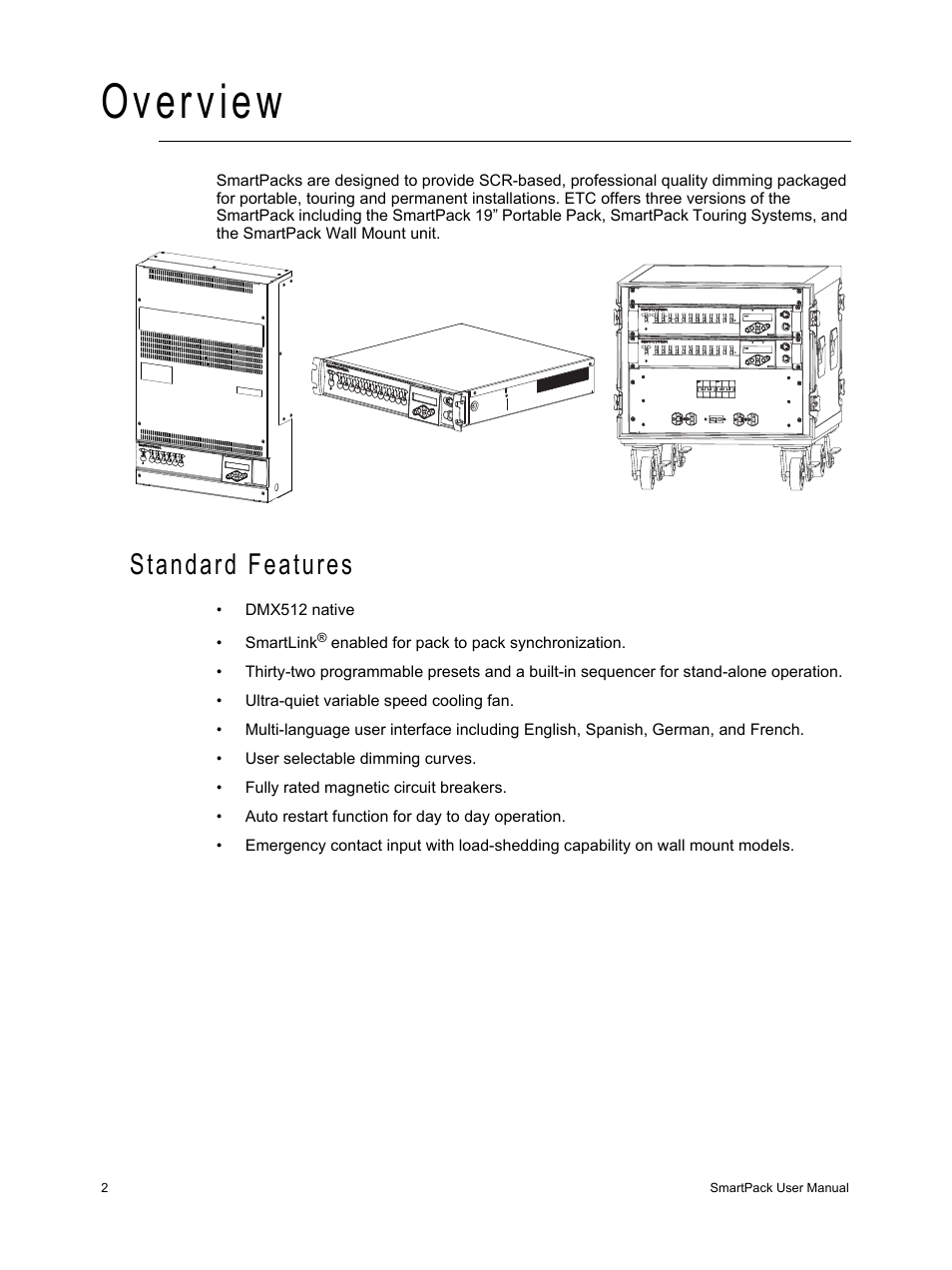 Overview, Standard features | ETC SmartPack v2.1.0 User Manual | Page 6 / 36