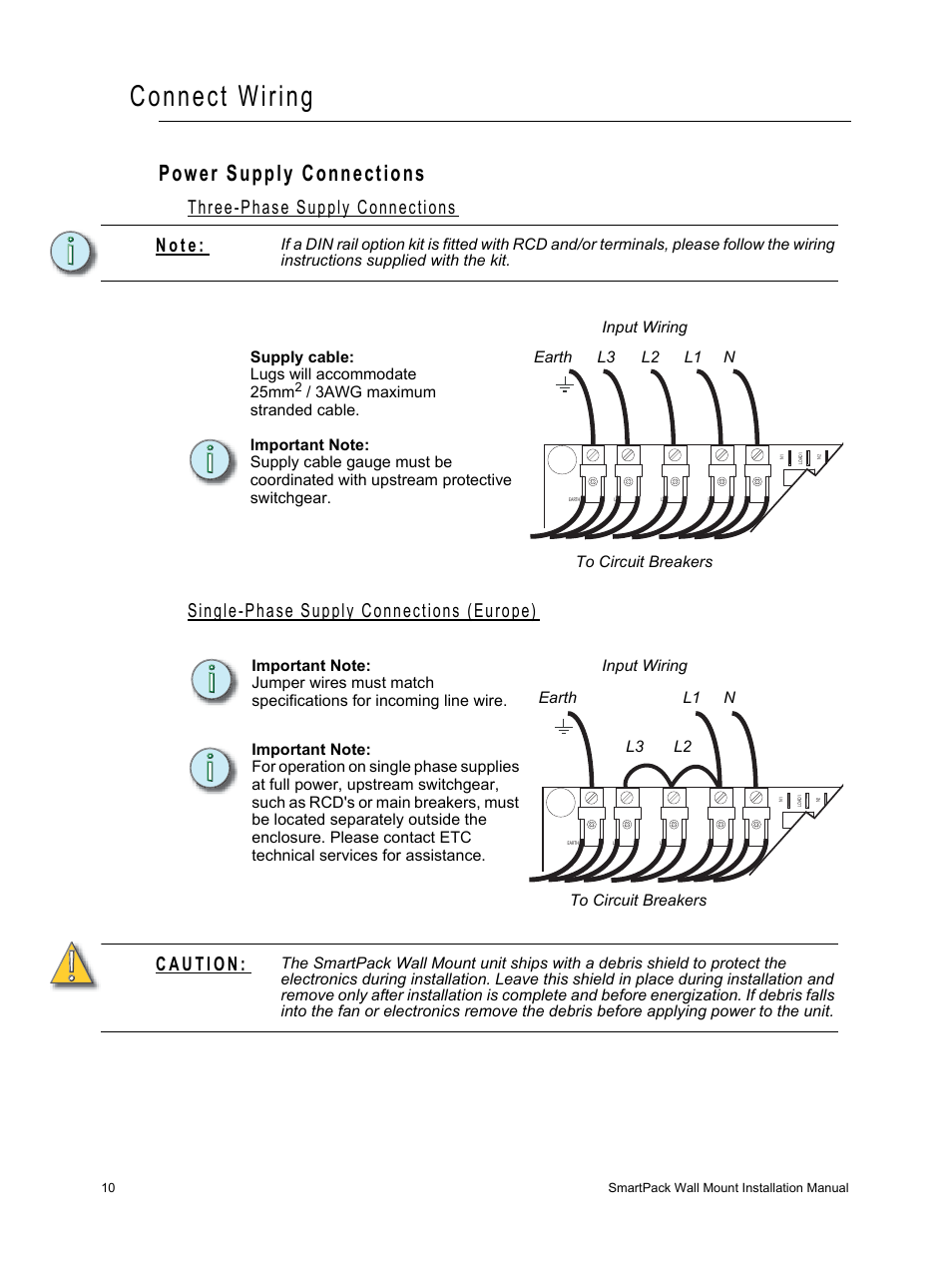 Connect wiring, Power supply connections, Three-phase supply connections | Single-phase supply connections (europe) | ETC SmartPack CE Wall Mount User Manual | Page 12 / 24