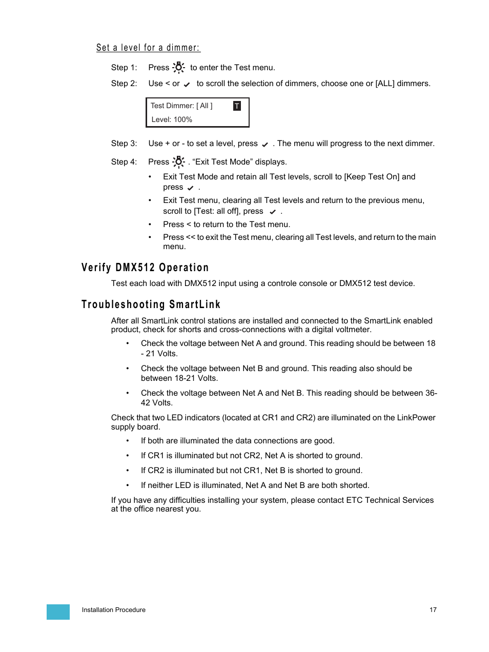 Set a level for a dimmer, Verify dmx512 operation, Troubleshooting smartlink | Verify dmx512 operation troubleshooting smartlink | ETC SmartPack CE Wall Mount User Manual | Page 19 / 24