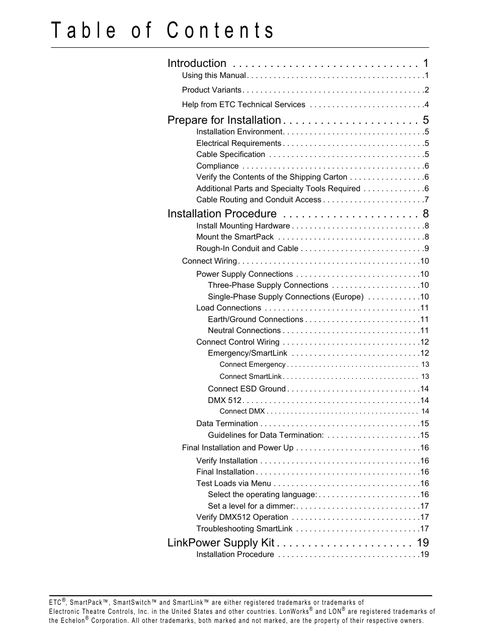 Introduction, Prepare for installation, Installation procedure | Linkpower supply kit | ETC SmartPack CE Wall Mount User Manual | Page 2 / 24
