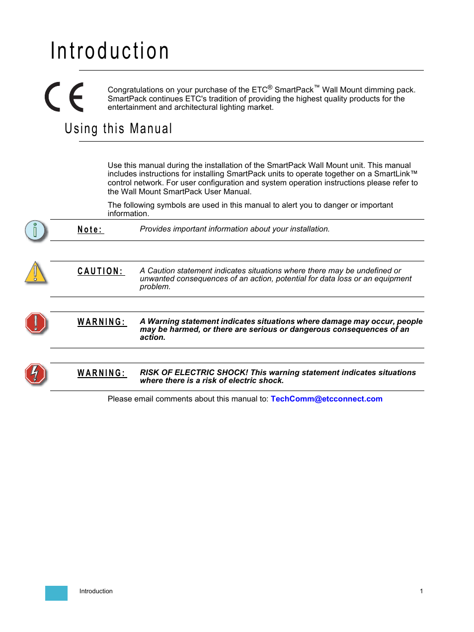 Introduction, Using this manual | ETC SmartPack CE Wall Mount User Manual | Page 3 / 24