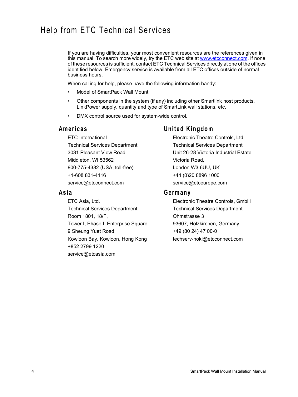 Help from etc technical services, Americas, United kingdom | Asia, Germany | ETC SmartPack CE Wall Mount User Manual | Page 6 / 24