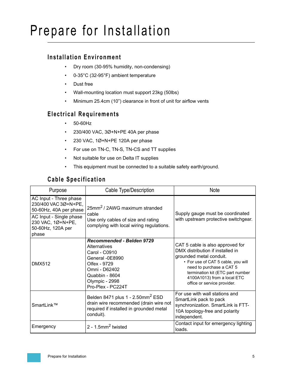 Prepare for installation, Installation environment, Electrical requirements | Cable specification | ETC SmartPack CE Wall Mount User Manual | Page 7 / 24