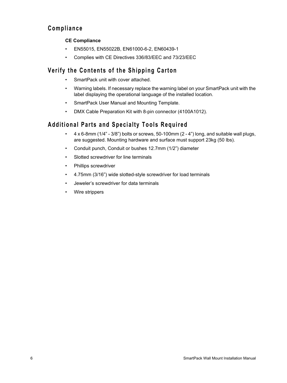 Compliance, Verify the contents of the shipping carton, Additional parts and specialty tools required | ETC SmartPack CE Wall Mount User Manual | Page 8 / 24