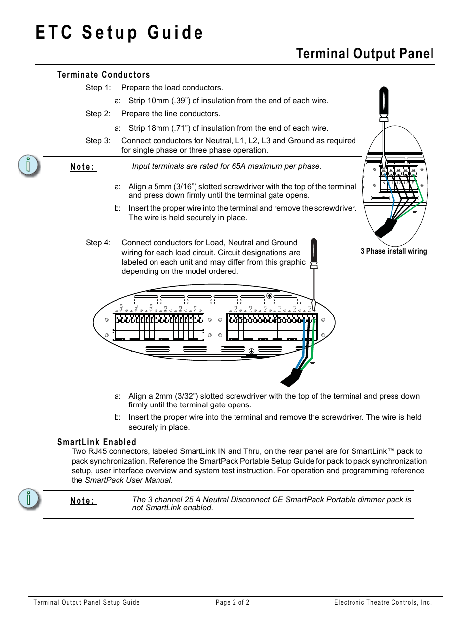 Terminate conductors, Smartlink enabled, Terminal output panel | N o t e, 3 phase install wiring | ETC SmartPack Portable Pack with Terminal Output Panel User Manual | Page 2 / 2
