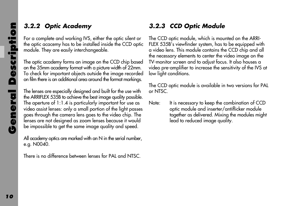 Academy format, General, Mixing ccd optic module and inserter/antiflicker | General description | ARRI 535B User Manual | Page 10 / 108