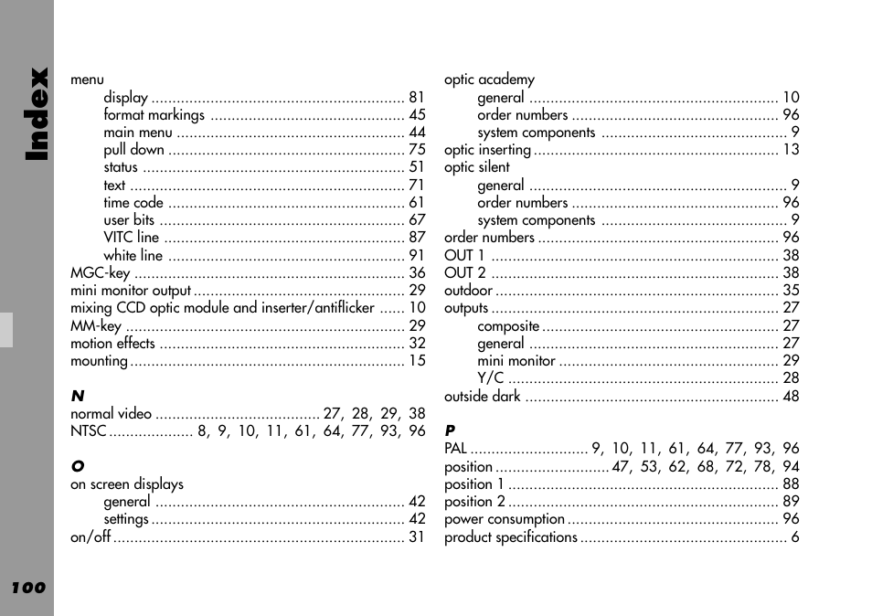 Menu, On screen displays, Optic academy | Optic silent, Index | ARRI 535B User Manual | Page 100 / 108