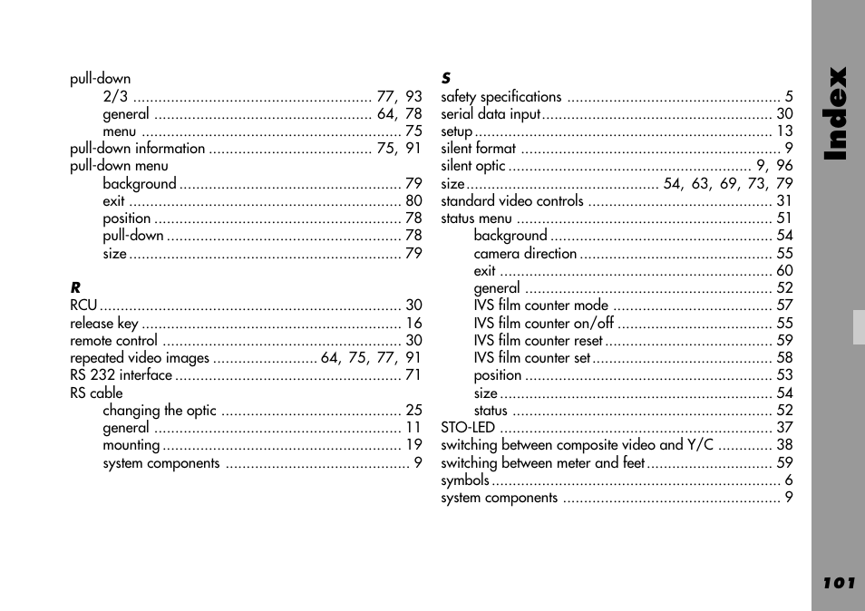 Pull-down, Pull-down menu, Rs cable | Index | ARRI 535B User Manual | Page 101 / 108