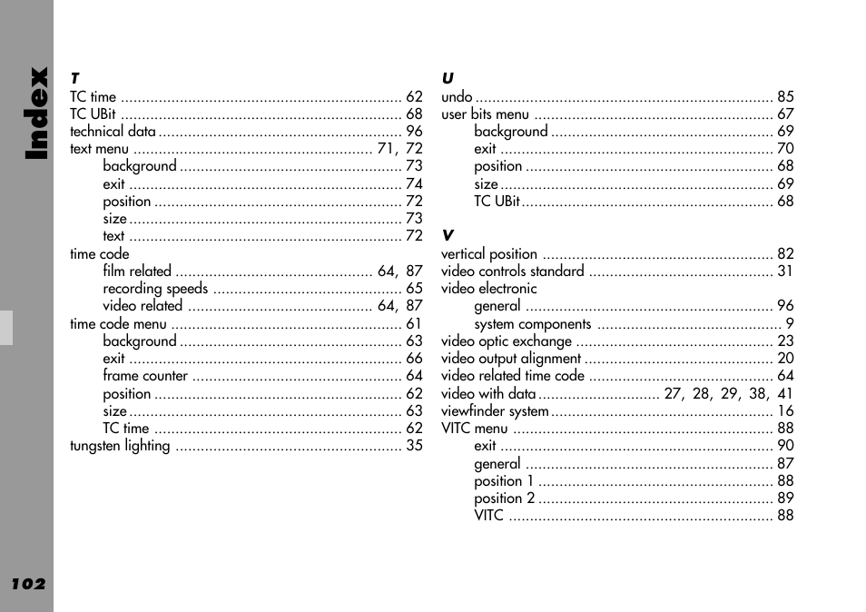 Time code, Video electronic, Index | ARRI 535B User Manual | Page 102 / 108