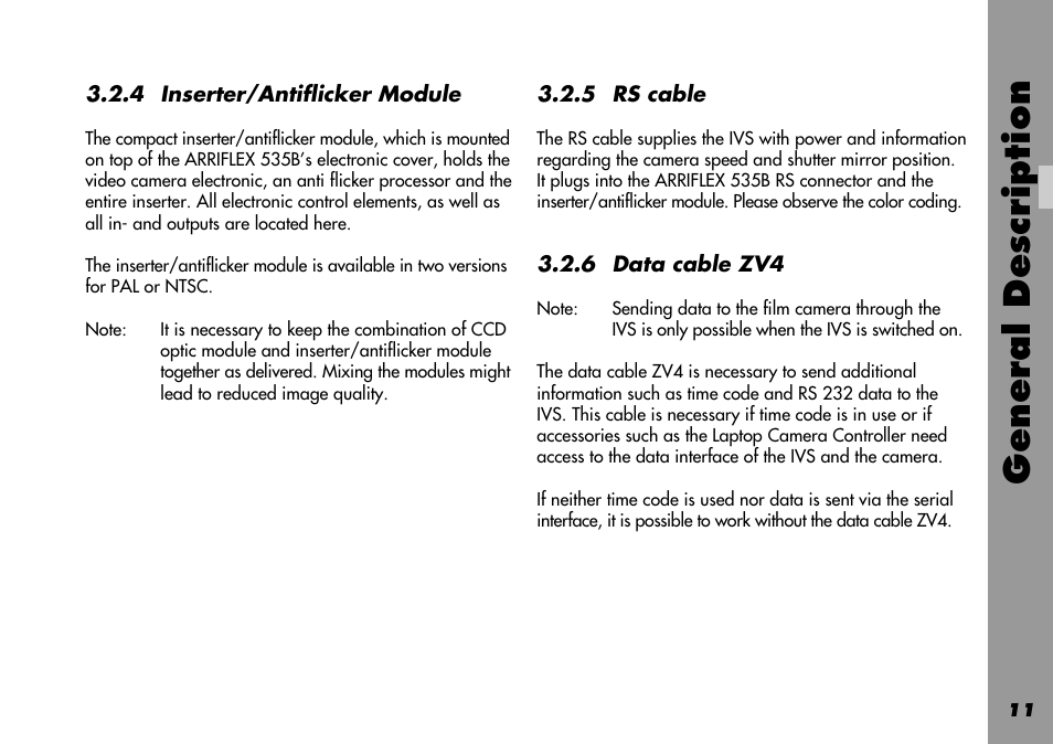 Rs cable, General, Inserter/antiflicker module | General description | ARRI 535B User Manual | Page 11 / 108