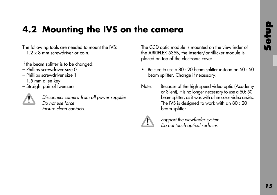 2 mounting the ivs on the camera, General, Mounting | Setup | ARRI 535B User Manual | Page 15 / 108