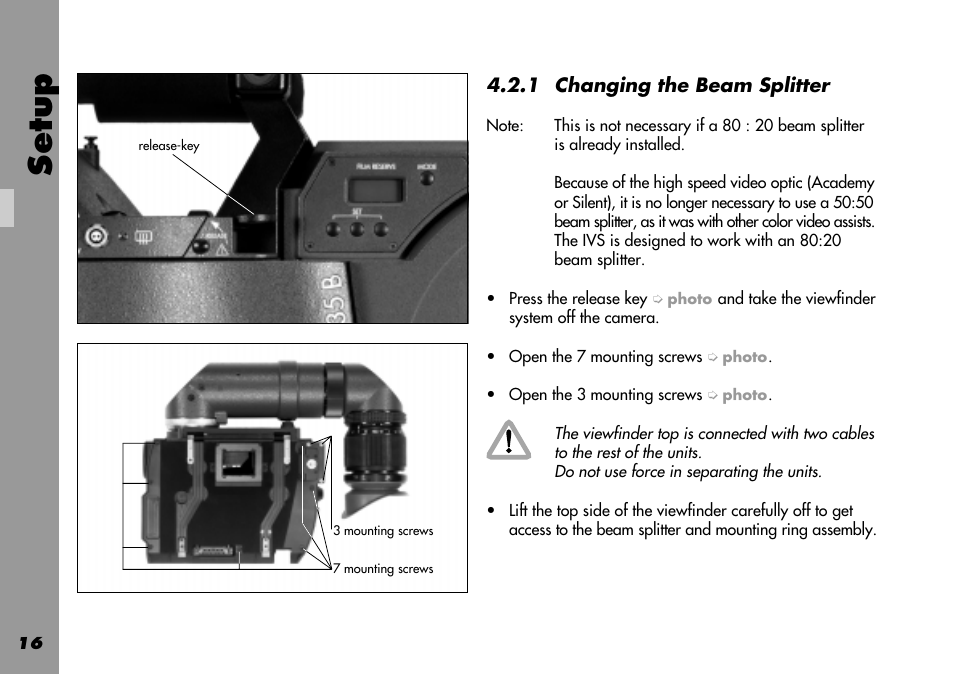 Changing, Release key, Viewfinder system | Setup | ARRI 535B User Manual | Page 16 / 108