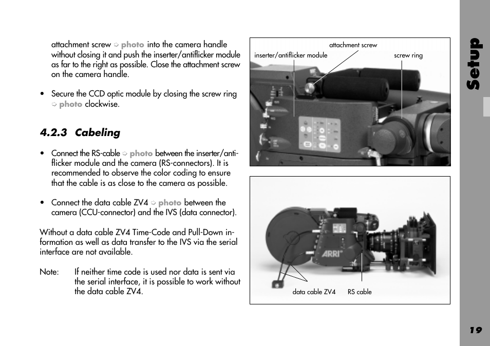 Cabeling, Ccu-connector, Mounting | Setup | ARRI 535B User Manual | Page 19 / 108