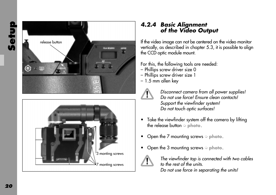 Aligning the video output, Video output alignment, Setup | ARRI 535B User Manual | Page 20 / 108