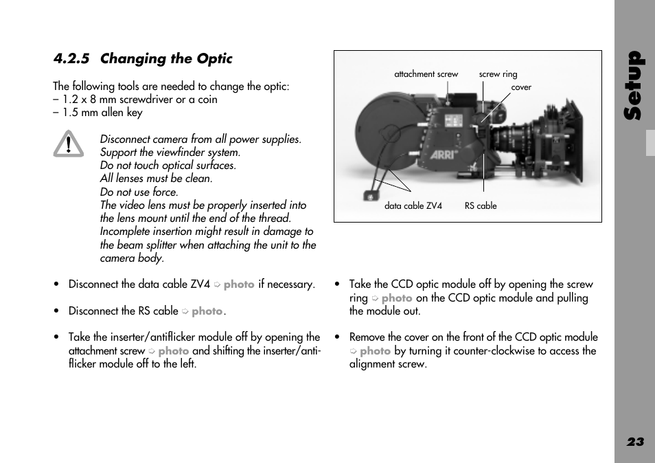 Changing the optic, Video optic exchange, Setup | ARRI 535B User Manual | Page 23 / 108