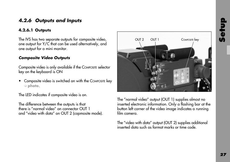 Composite video, Inputs, Composite | Normal video, Outputs, General, Video with data, Setup, 6 outputs and inputs | ARRI 535B User Manual | Page 27 / 108