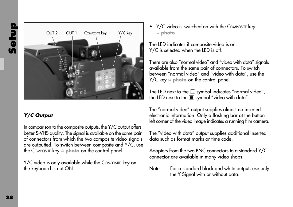 Adapters bnc to y/c, Black and white, Y/c output | Setup | ARRI 535B User Manual | Page 28 / 108