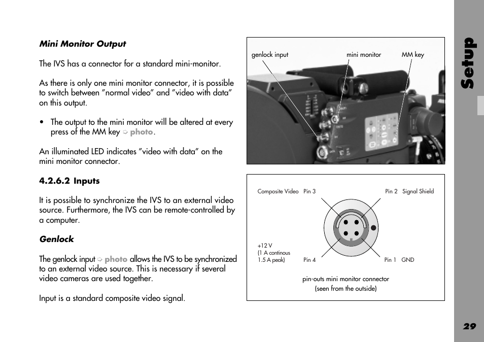 Genlock, Mini monitor output, Mm-key | Mini monitor, Setup | ARRI 535B User Manual | Page 29 / 108