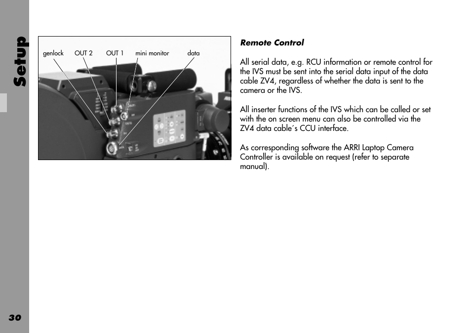 Remote control, Laptop camera controller, Serial data input | Standard video controls, Setup | ARRI 535B User Manual | Page 30 / 108