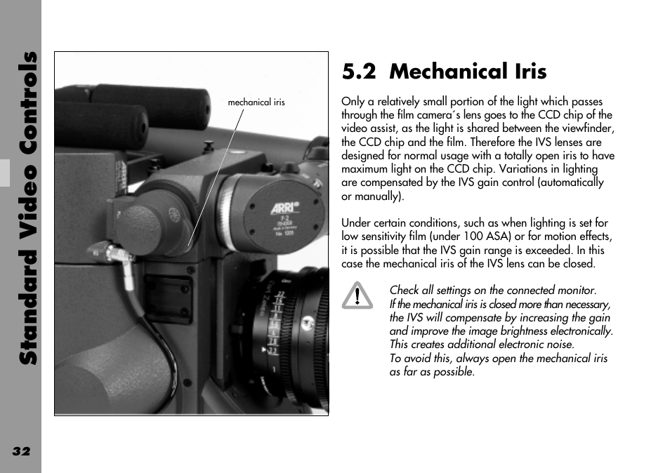 2 mechanical iris, Film low sensitivity, Iris | Low sensitivity film, Mechanical iris, Motion effects, 3 aligning the image and focusing, Standard video controls | ARRI 535B User Manual | Page 32 / 108