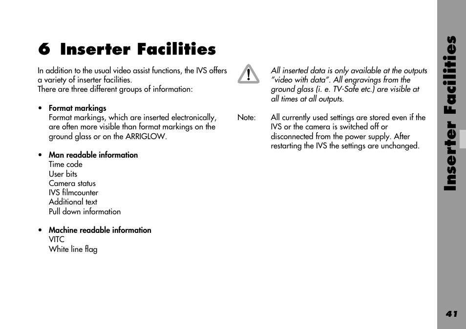 6 inserter facilities, General, Inserter | Machine readable information, Man readable information, 1 setting the on screen displays, Inser ter facilities | ARRI 535B User Manual | Page 41 / 108