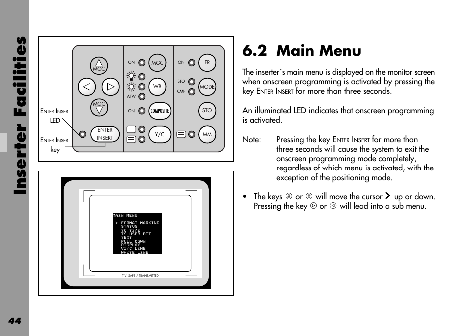 2 main menu, Main menu, 3 format markings menu | Inser ter facilities | ARRI 535B User Manual | Page 44 / 108