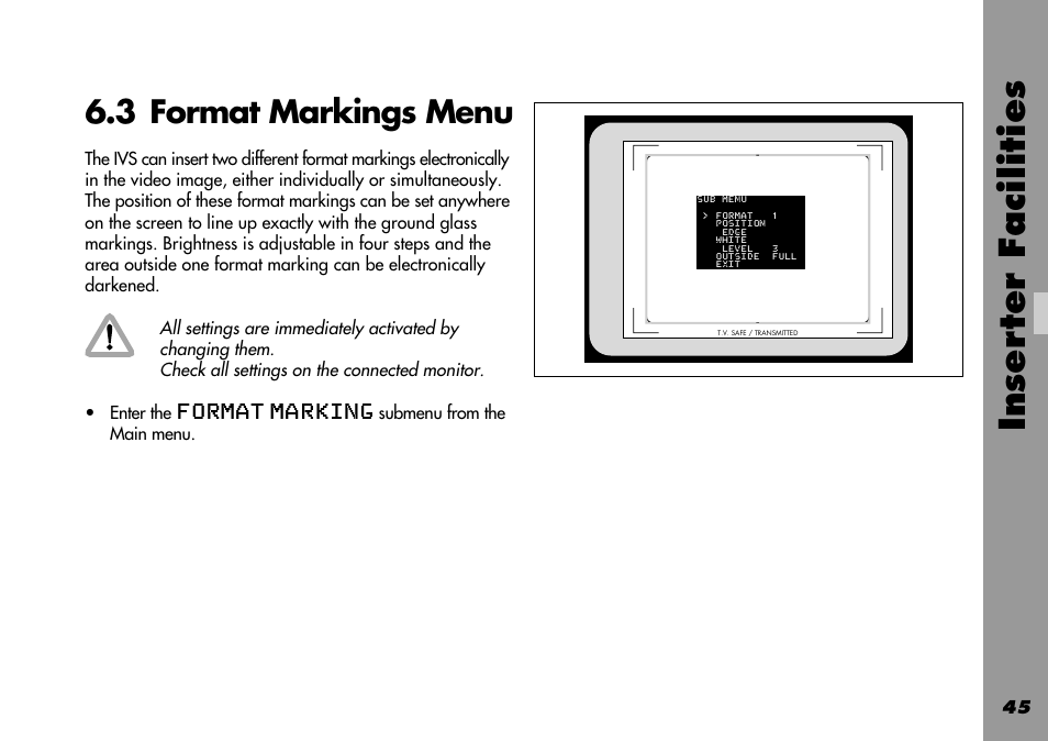 3 format markings menu, Format markings, Inser ter facilities | ARRI 535B User Manual | Page 45 / 108