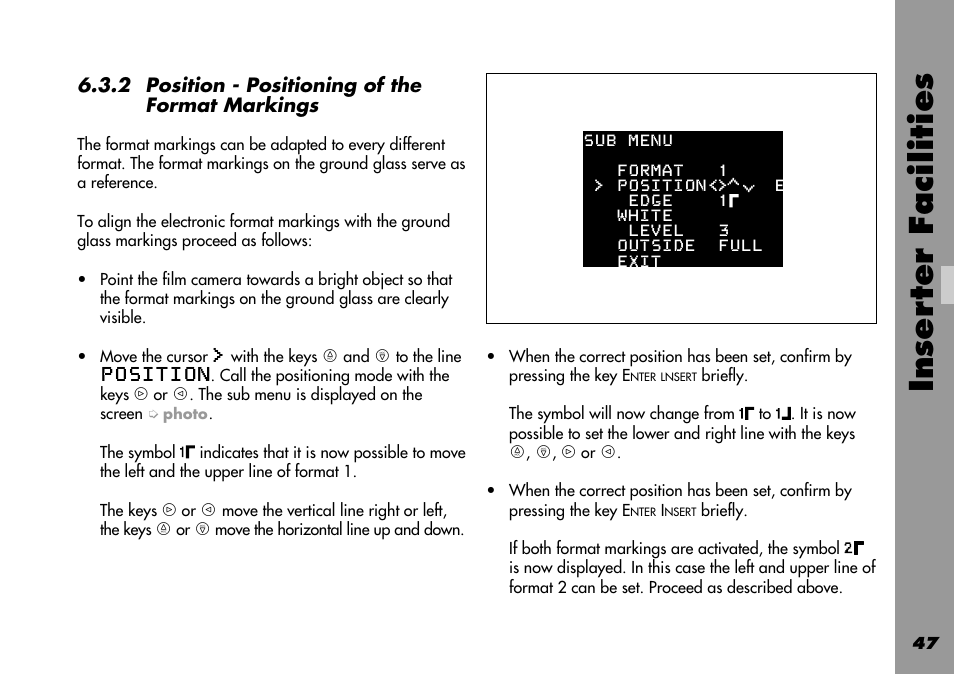 Position, Inser ter facilities | ARRI 535B User Manual | Page 47 / 108