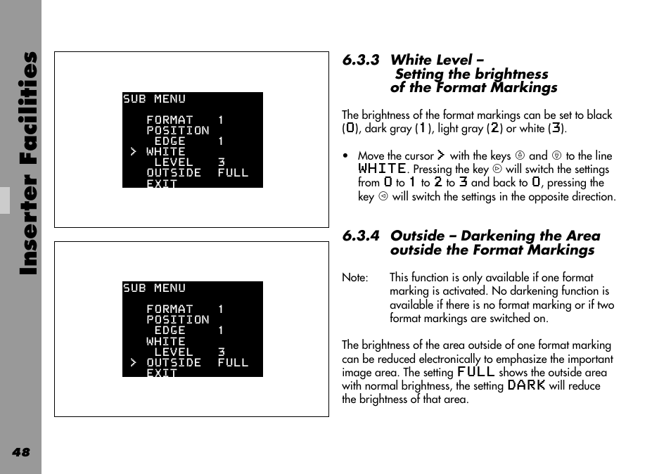 Outside darkening, White level, Outside dark | Inser ter facilities | ARRI 535B User Manual | Page 48 / 108