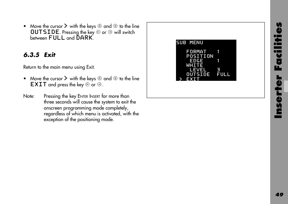 Exit, 4 status menu, Inser ter facilities | ARRI 535B User Manual | Page 49 / 108