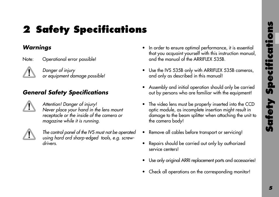 2 safety specifications, Safety specifications, Warnings | ARRI 535B User Manual | Page 5 / 108