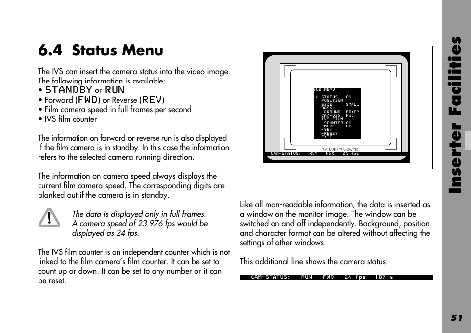 4 status menu, General, Status | Status menu, Inser ter facilities | ARRI 535B User Manual | Page 51 / 108