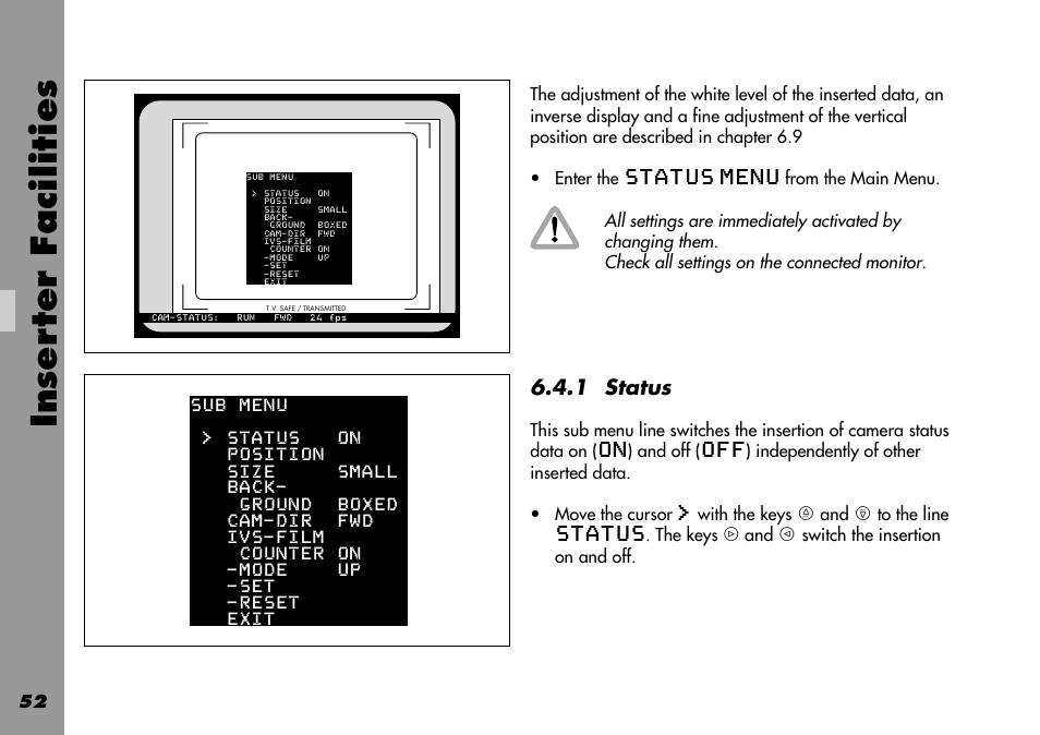 General, Status, Inser ter facilities | 1 status | ARRI 535B User Manual | Page 52 / 108