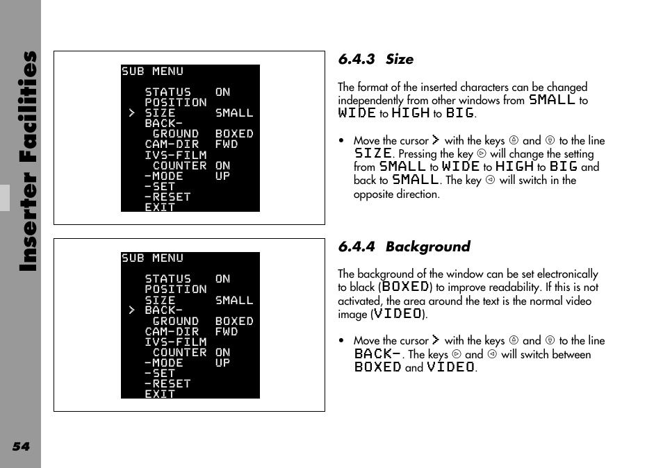 Background, Boxed, Size | Inser ter facilities | ARRI 535B User Manual | Page 54 / 108