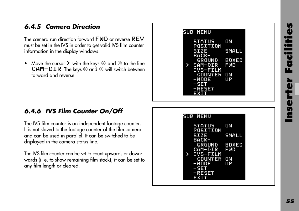 Camera direction, Ivs film counter, On/off | Ivs film counter on/off, Inser ter facilities | ARRI 535B User Manual | Page 55 / 108