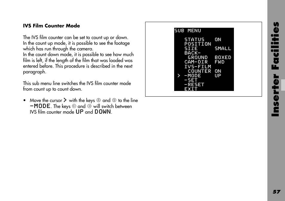 Mode, Ivs film counter mode, Inser ter facilities | ARRI 535B User Manual | Page 57 / 108