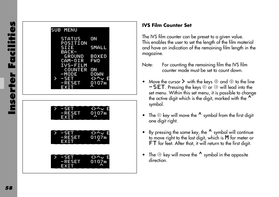 Active digit, Ivs film counter set, Inser ter facilities | ARRI 535B User Manual | Page 58 / 108